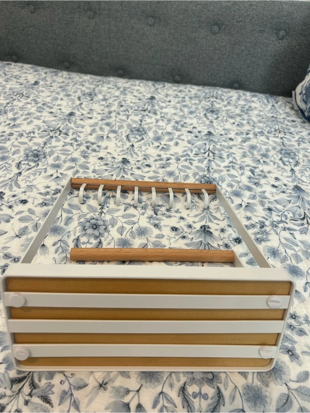 White Wood & Metal Jewelry Organizer Stand 8 Hooks Tray